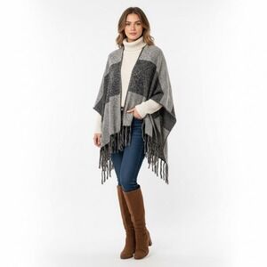 KimberlyCo One Size Striped Fringe Brown Grey Poncho Sweater Winter Holiday Work